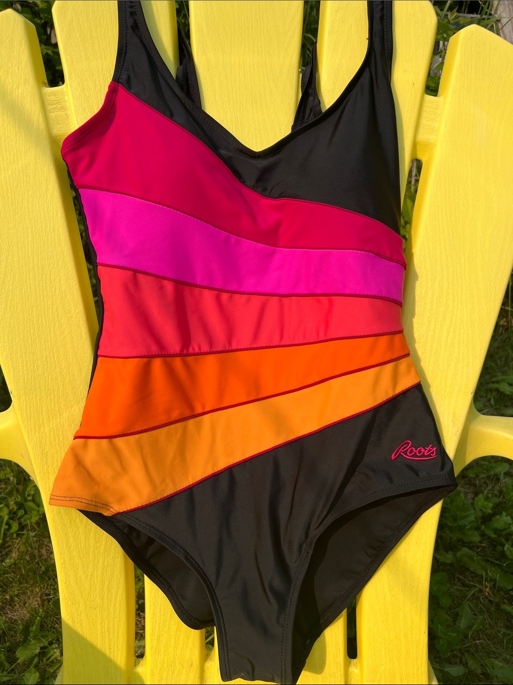 Roots Black One-Piece Swimsuit with Pink, Red & Orange Stripes, Size 8